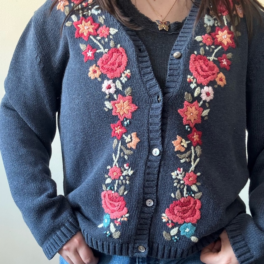 SOLD—Vintage Eddie Bauer Navy Floral Cardigan - Picture 2 of 8